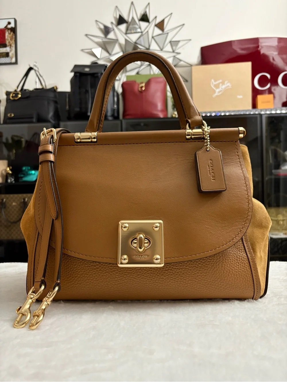 COACH DRIFTER LEATHER & SUEDE SATCHEL HANDBAG- Saddle & Camel- Turn Lock